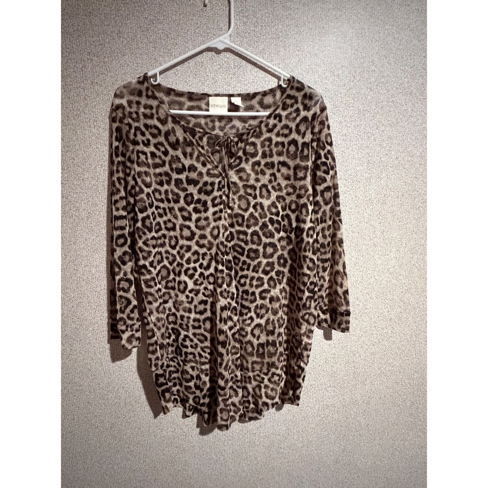 Chicos Leopard Print Tie Front Mesh Top Brown 3/4 Sleeve Size 2 L Large